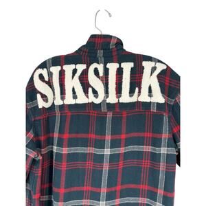 Siksilk Plaid Flannel Shirt Raised Logo Raw Hem Mens Size Large 100% Cotton FLAW